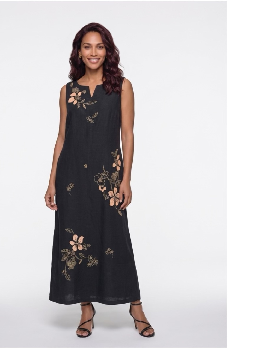 Black/Charcoal Maxi Dress with Floral Embroidery and Appliqué